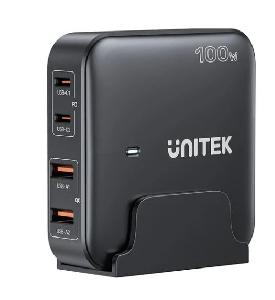  P1229ABK, UNITEK, Charger, 100W 4-in-1 Desktop GaN Charger (2*USB-C PD + 2*USB-A QC3.0), with 1.5M Power Cord, Black.