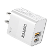  P1124AWH01-EU, UNITEK, Power Supply, 20W 2-Port Wall Charger (USB-A QC + USB-C PD), White.