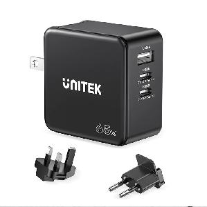 P1117B, UNITEK 65W GaN Charger (2*USB-C PD + USB-A QC3.0), with US/UK/EU Plugs, Black