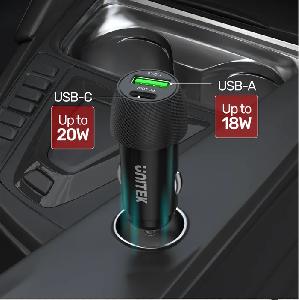 P1400A, UNITEK 38W 2-Port Car Charger (USB-C PD 20W + USB-A QC3.0), Black